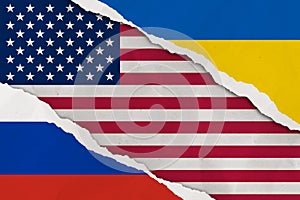 Ukraine, Russia, United States flag ripped paper grunge background.