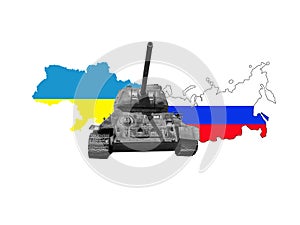 Ukraine and russian map with flag and tanks