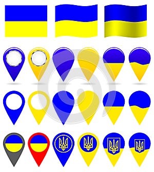 Ukraine. Set of Ukrainian flags and pointers in national colors. Isolated objects on a white background. Vector