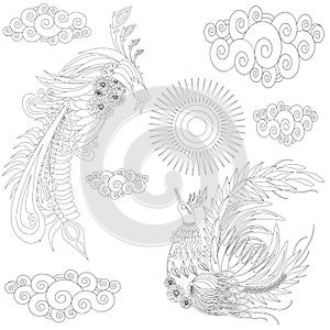 Ukraine style bird coloring book for adults vector illustration. Anti-stress coloring for adult