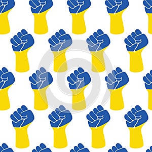 Ukraine support seamless vector background. Human raised fist in Ukrainian national colors blue yellow. Repeating pattern. Support