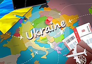 Ukraine travel concept map background with planes,tickets. Visit Ukraine travel and tourism destination concept. Ukraine flag on