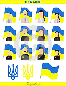 Ukraine. Ukrainian people girl, boy, man, woman. vector. Flag UA. Emblem. coat of arms