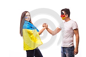 Ukraine vs Germany before game on white background. European 2016 football fans concept.