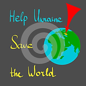 Ukraine on worldmap with hand drawn text