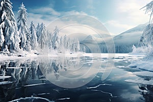 Ukraines Carpathian winter wonderland pines, falling snow, and blue, cracked ice on a frozen lake