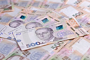 Ukrainian banknotes value of 500 hryvnias UAH closeup