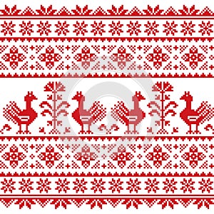 Ukrainian, Belarusian folk art vector seamless pattern with flowers and brids, red cross-stitch ornament inspired by folk art - Vy