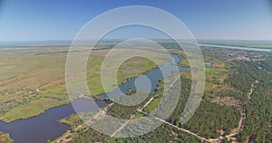Ukrainian Bessarabia landscapes, aerial view on forest, river and fields