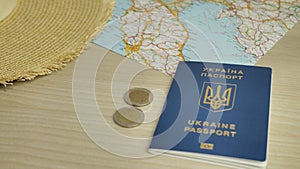 Ukrainian biometric passport id to travel the Europe without visas on the table. Inscription in Ukrainian Ukraine