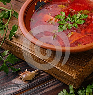 Ukrainian borsch of national kitchen closeup