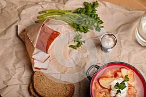 Ukrainian borscht served with sour cream, greenery, rye bread, garlic and vodka or hootch alcohol drink shot. National cuisine photo