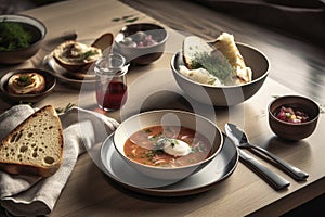 Ukrainian borscht, a traditional dish, is served in a bowl on the table