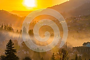 Ukrainian Carpathian Mountains landscape background during the sunset in the autumn season.