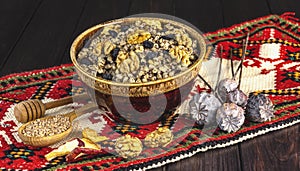 Ukrainian Christmas dish kutia, wheat porridge with nuts, poppy seeds, raisins