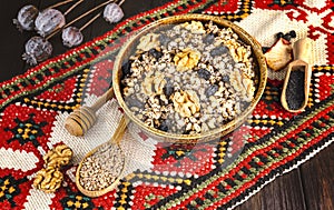 Ukrainian Christmas dish kutia, wheat porridge with nuts, poppy seeds, raisins