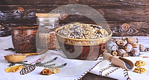 Ukrainian Christmas dish kutia, wheat porridge with nuts, poppy seeds, raisins.