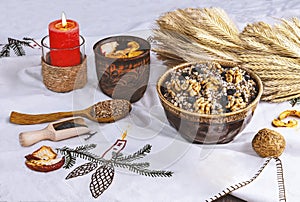 Ukrainian Christmas dish kutia, wheat porridge with nuts, poppy seeds, raisins.