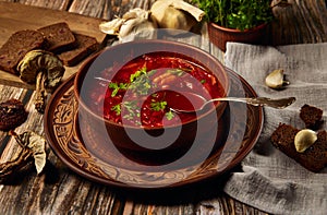 Ukrainian cisine. Borsch is a Ukrainian soup with porcini mushrooms, cabbage, beetroot, onions, carrots and beans