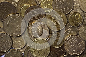 Ukrainian coins, many money - hryvnia and a penny, background
