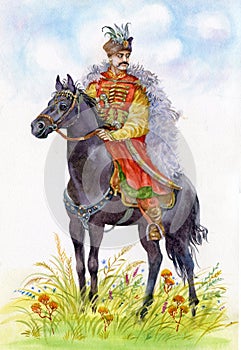 Ukrainian Cossack on a black horse photo