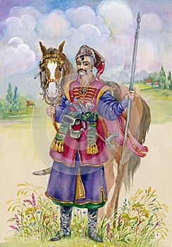 Ukrainian Cossack horse around, watercolor photo