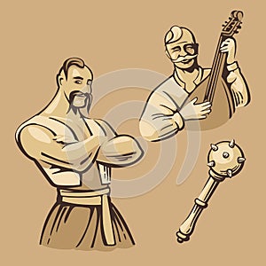 Ukrainian Cossack and singer in national costume. Vector vintage illustration