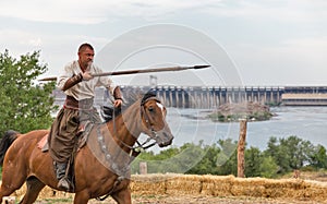 Ukrainian Cossack in Zaporozhian Sich. Khortytsia island, Ukraine