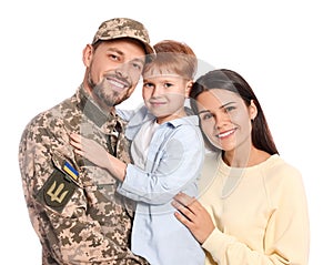 Ukrainian defender in military uniform and his family on white background