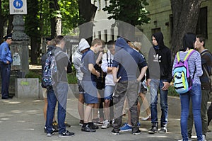 Group of Ukrainian far rightists teenagers communicating. May 25, 2013. Kiev, Ukraine