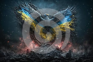 Ukrainian flag in form of phoenix raising over the dust, Generative AI