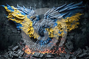 Ukrainian flag in form of phoenix raising over the dust, Generative AI