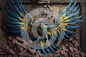 Ukrainian flag in form of phoenix raising over the dust, Generative AI