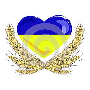 Ukrainian flag - heart shape with ears of wheat, the national symbol of Ukraine.Vector illustration