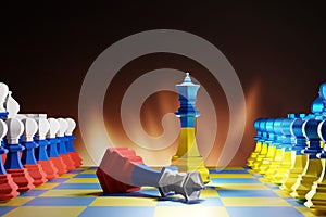 Ukrainian flag and Russian flag on chess. Chess game. Glory Ukraine concept.