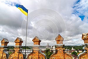 The Ukrainian flag in the sky over Lutsk city