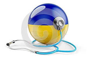 Ukrainian flag with stethoscope. Health care in Ukraine concept, 3D rendering