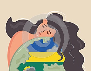 Ukrainian girl hugs the planet, mourns. A young woman grieves for the Ukrainian land. Vector illustration. The concept