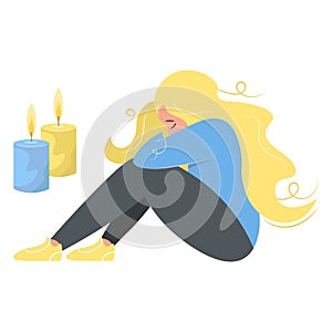 Ukrainian girl mourns. Cartoon sad woman sitting hugging her knees and memory candles. Loss, grief, pain, death concept