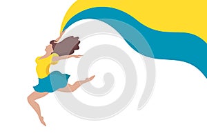 Ukrainian girl with yellow and blue flag of Ukraine isolated on white background. Editable vector illustration EPS 10