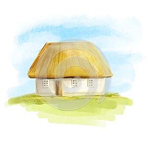 Ukrainian house with a straw roof. Ukrainian hut in the meadow