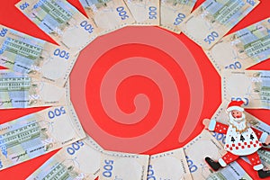 Ukrainian hryvna, banknotes 500 hryvnia, Santa Claus on red background, Ukraine money, Christmas, New Year Ukrainian gryvna