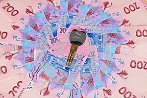 Ukrainian hryvnia, a bill of 200 hryvnia with a key from the apartment where the money is