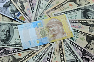 Ukrainian hryvnia and dollar bills. Money background