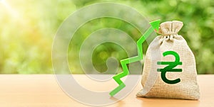 Ukrainian hryvnia money bag and green arrow up. Deposit interest rate rise. Economy accelerator performance. Strengthening