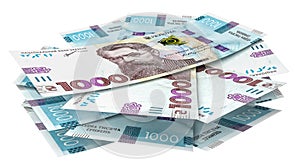 Ukrainian hryvnia. Stack of ukrainian money, currency hryvnia (grivna, hryvna) with 1000 banknotes