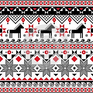 Ukrainian Hutsul Pysanky vector seamless pattern with horses and stars, folk art Easter eggs repetitive design