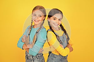 Ukrainian kids. Children ukrainian young generation. Celebrate national holiday. Patriotism concept. Girls with blue and