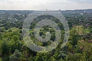 ukrainian landscape of industrial mining green town view from the mountain