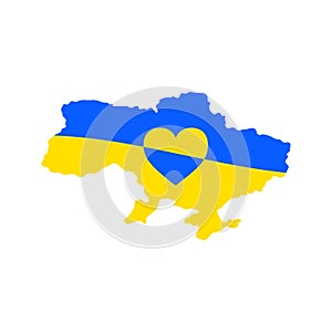 Ukrainian map flag in blue yellow colors with hearts on it. Stop war and pray for Ukraine, geopolitics theme